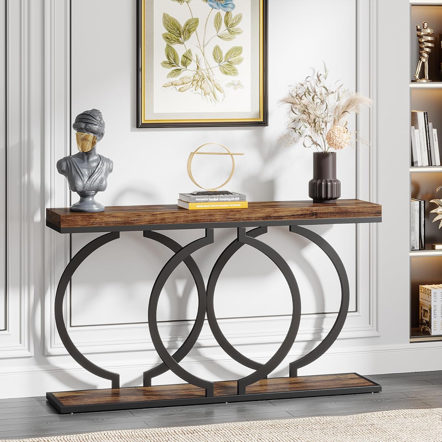 Tribesigns Industrial Console Table, 55 inch Rustic Entryway Table with Geometric Metal Frame, Narrow Wood Accent Sofa Table for Living Room, Entrance, Hallway, Rustic Brown