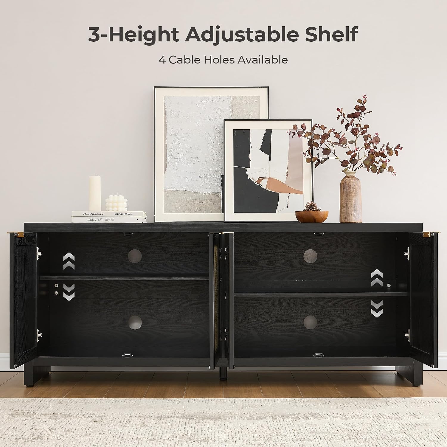 SICOTAS TV Stand for Living Room Boho Entertainment Center for Bedroom with 4 Rattan Cabinets Farmhouse Television Stands with Storage Large Media Console Table for TVs up to 65 Inch