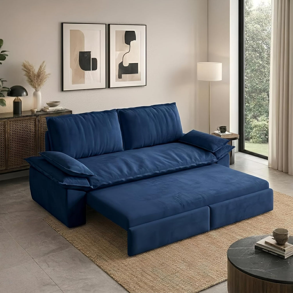 73.2' Sofa Bed Queen, 3-in-1 Pull Out Sofa Bed with Pillow Armrest, Modern Velvet Convertible Sleeper Futon Sofa for Living Room Small Space, Apartment, Bedroom, Blue