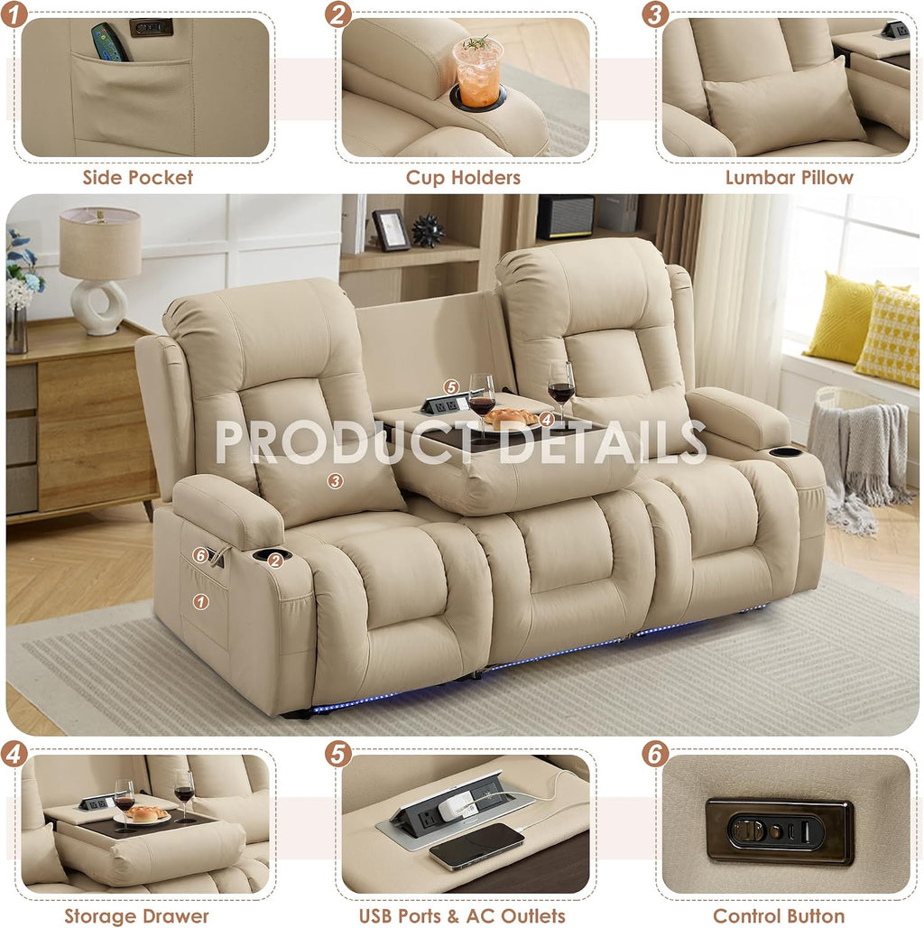 TUNYI Power Loveseat Recliner Sofa with Massage & Heat Home Theater Seating with Console RV Recliner Loveseat Sofa with USB/Storage/Side Pocket/LED Light/Speaker (Beige, 3 Seat)