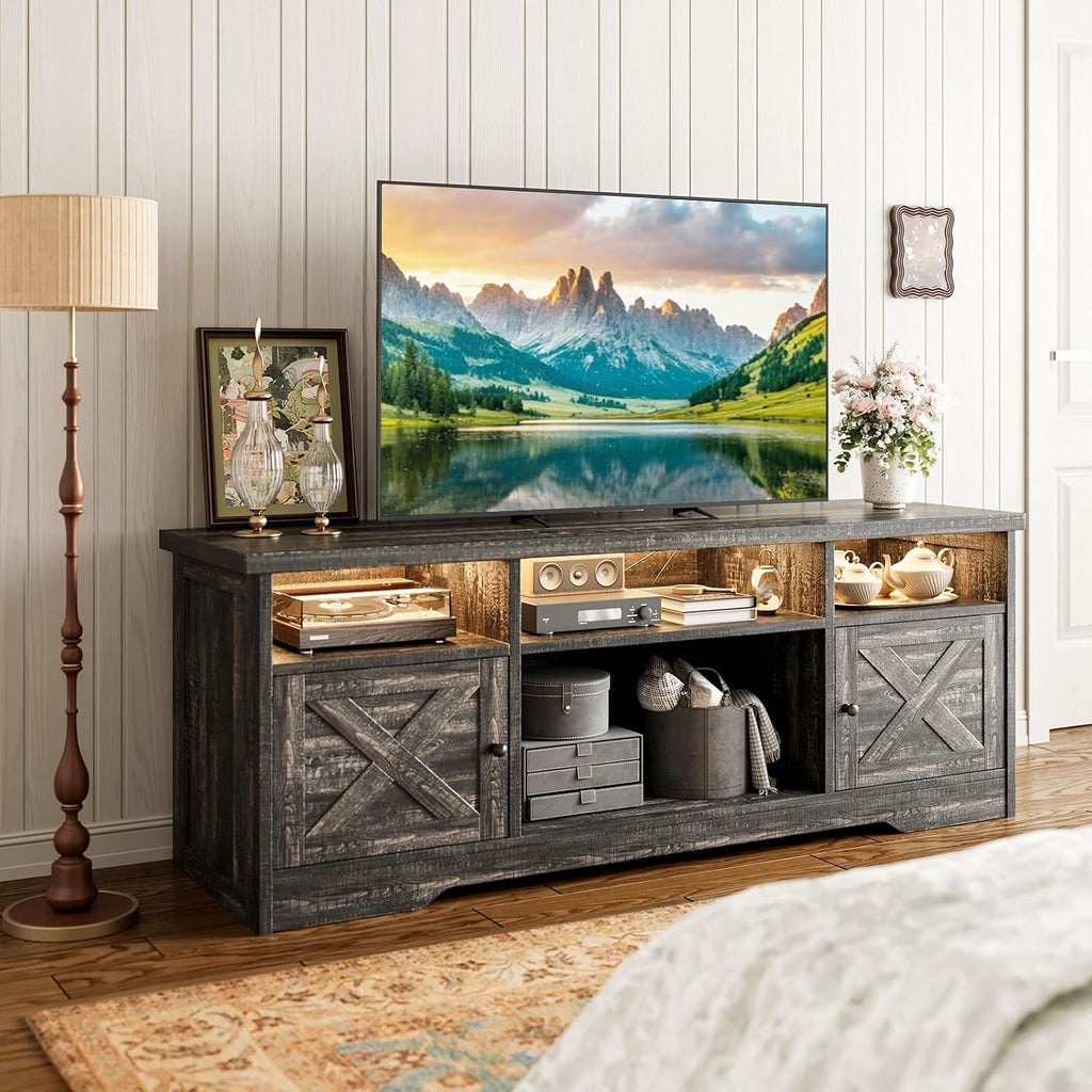 Casaottima TV Stand for 65 Inch TV, Farmhouse Entertainment Center with Power Outlet & LED Light and Storage Cabinets, Console Table and Media Furniture for Living Room Bedroom, Dark Oak