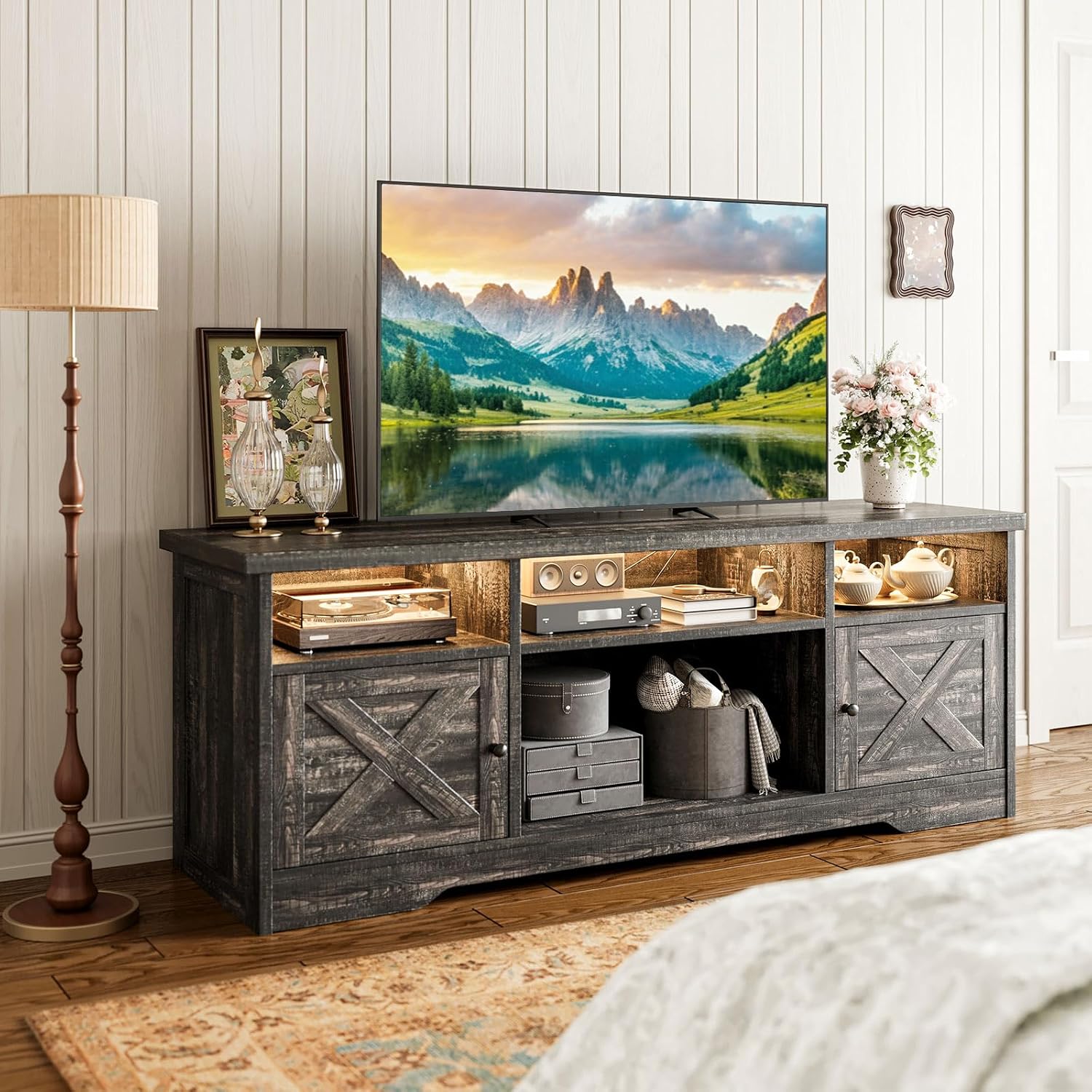Casaottima TV Stand for 65 Inch TV, Farmhouse Entertainment Center with Power Outlet & LED Light and Storage Cabinets, Console Table and Media Furniture for Living Room Bedroom, Dark Oak