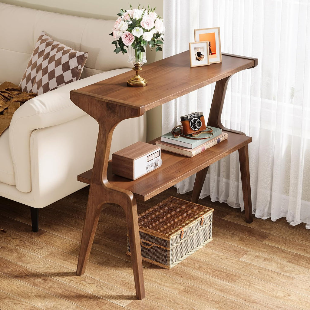 Tribesigns Set of 2 Solid Wood End Table, Rustic Side Table for Couch, 2-Tier Farmhouse Tall End Table, Narrow Bedside Table for Bedroom, Living Room, Easy Assembly, Rustic Brown