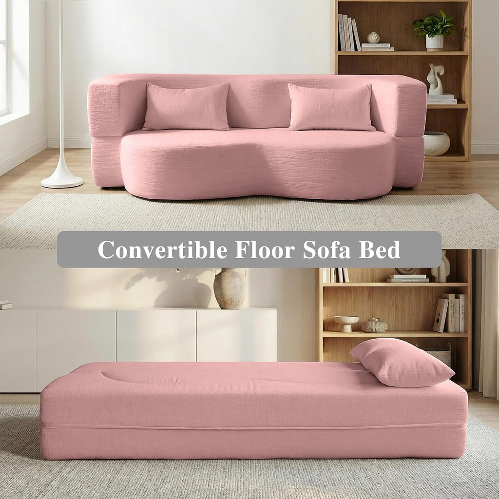 2-in-1 Convertible Sofa,78 Inch Pull Out Sofa Folding Sofa Bed with 2 Pilow Lazy Sofa, Teddy Loveseat Sleeper Floor Sofa for Apartment Children's Room Bedroom Living Room (Teddy, Pink)