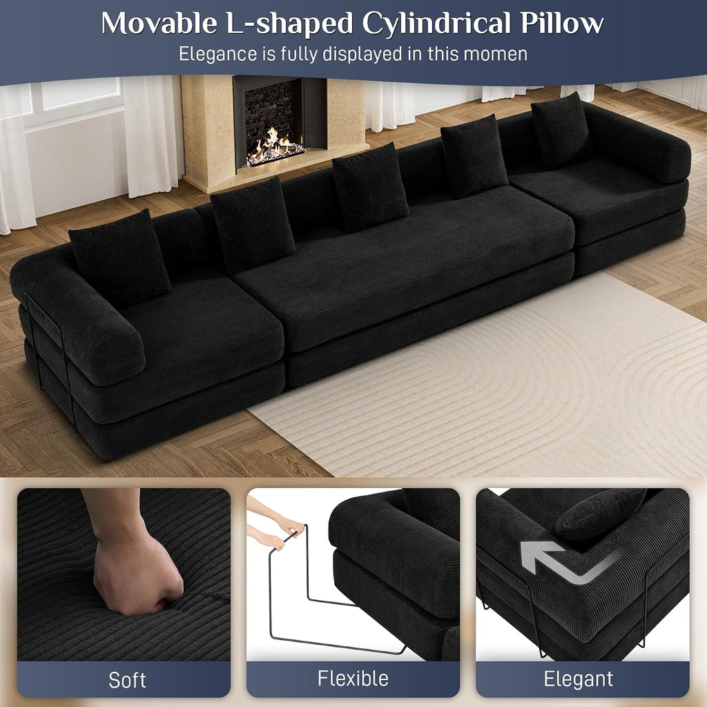 DAMAIFROM Convertible Sleeper Sofa Bed with Cylindrical Pillow,Corduroy Folding Mattress Couch with Fixed-Shape Frame,Modular Floor Sofa Lounge Couch for Living Room Bedroom Lounge,158.6',Black