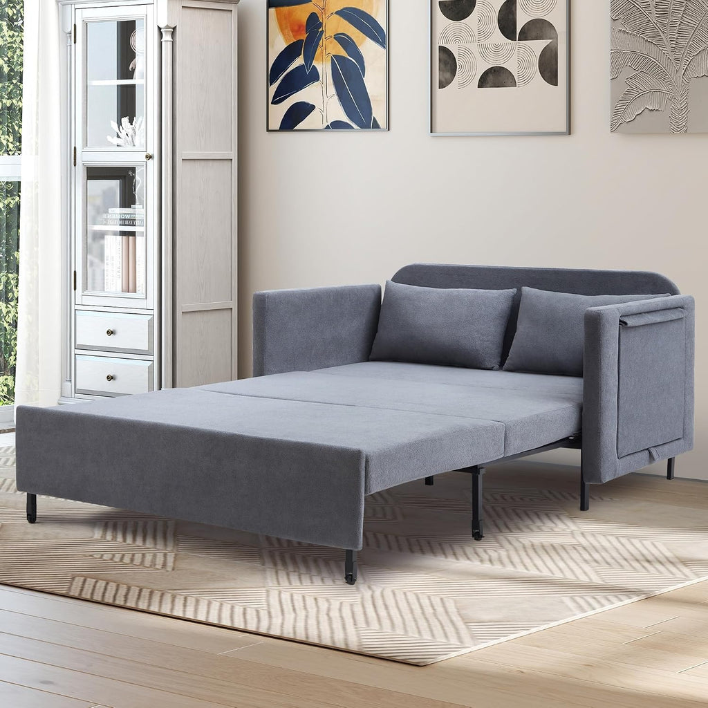 3-in-1 Sleeper Sofa Bed, 51'' Convertible Folding Couch with Pullout Bed, Chenille Futon Sleeper Sofa with Side Table and 2 Pillows, Modern Loveseat Couch for Living Room, Bedroom, Home Office (Grey)