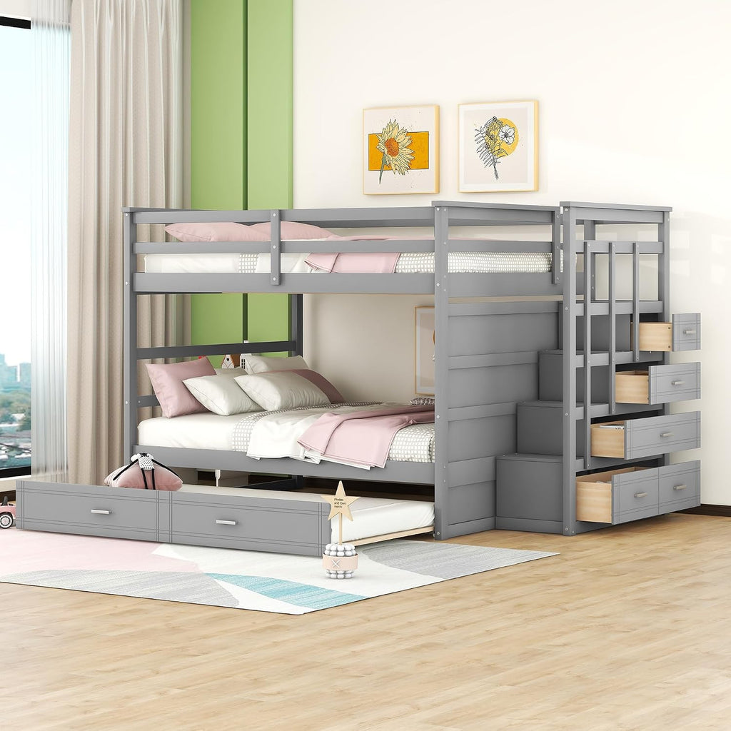 Harper & Bright Designs Full Over Full Bunk Bed with Twin Size Trundle and Stairs, Kids Bunk Beds with Storage Drawers, Wood Full Bunk Beds with Trundle and Guardrail for Kids Teens Adults, Gray