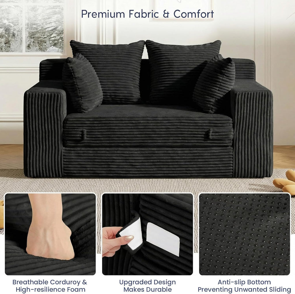 cidludto Boneless Couch Loveseat Sleeper, Convertible Sofa Bed Folding Couch Bed Foldable, 2 in 1 Boneless Chair Bed & Futon Sofa Bed, Small Pull Out Sofa with 4 Pillows for Living Room, Black | No Assembly, Convertible, 2 in 1, Pull Out Handle, 4 Pillows