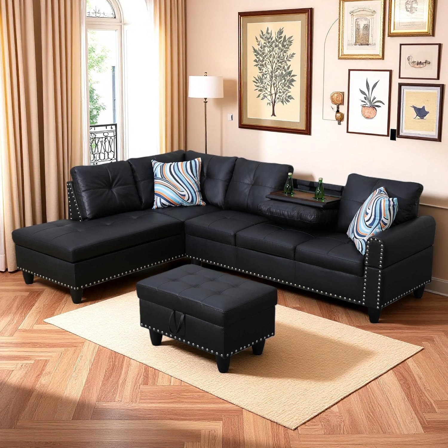Leather 3-Piece L-Shaped Couches for Living Room, Sectional Sofa with Storage Ottoman & Movable Chaise, Modular Convertible Couch for Bedroom & Apartment, Midnight Black