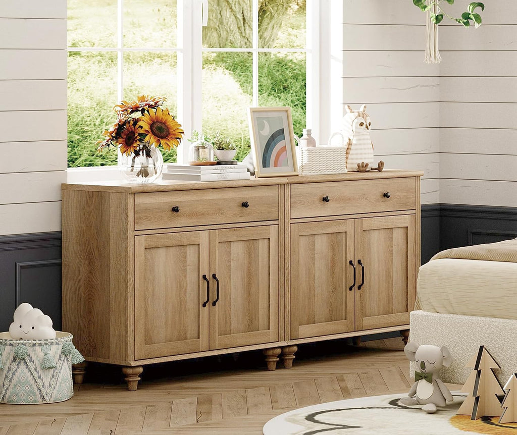 WAMPAT Farmhouse TV Stand for 75 inch TV with 4 Doors and 2 Drawers, Wood Universal TV Stand with Storage Cabinets, Oak Entertainment Center TV Console Table for Living Room, Bedroom
