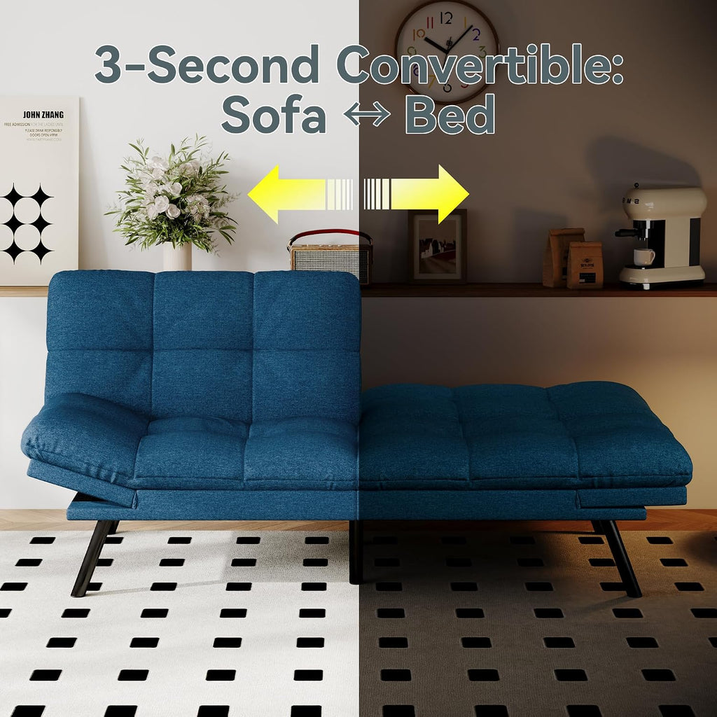 Futon Sofa Bed Convertible Couch, Blue Linen Sofa Bed with Memory Foam, Adjustable Backrest & Armrests, Multifunctional Small Loveseat Sleeper Sofa for Living Room, Apartment, Office