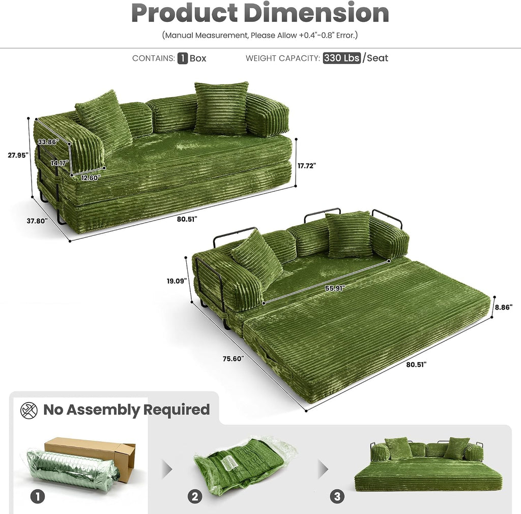 ovios 81' Folding Sofa Bed, Foldable Sleeper Boneless Couch with Pull Out Beds, Modular Convertible Floor Futon Loveseat Lounger for Living Room (Faux Fur, Green)