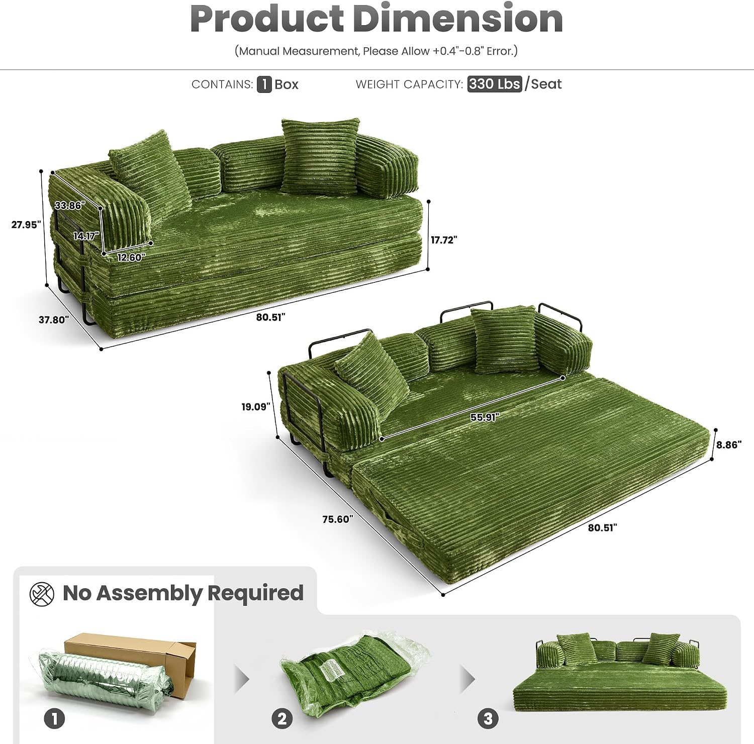 ovios 81' Folding Sofa Bed, Foldable Sleeper Boneless Couch with Pull Out Beds, Modular Convertible Floor Futon Loveseat Lounger for Living Room (Faux Fur, Green)