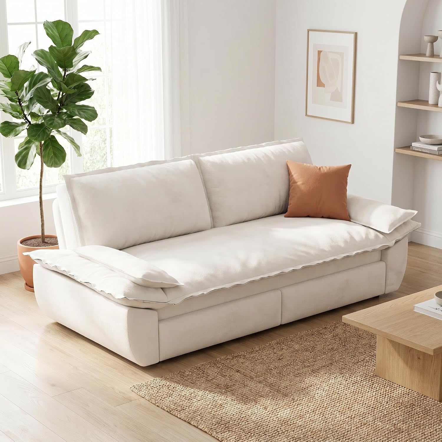 73.2' Sofa Bed Queen, 3-in-1 Pull Out Sofa Bed with Pillow Armrest, Modern Velvet Convertible Sleeper Futon Sofa for Living Room Small Space, Apartment, Bedroom, White