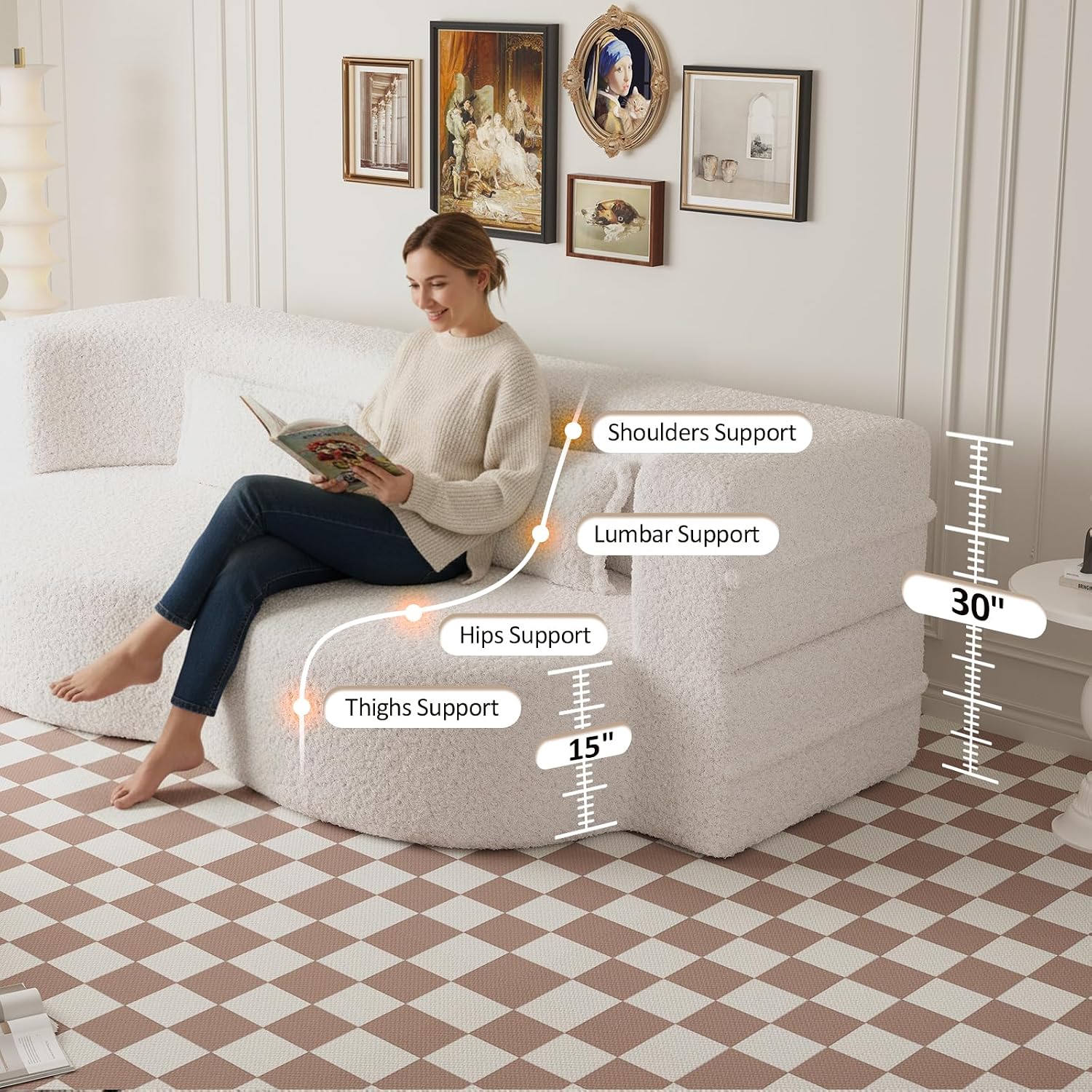 CAPCAEK Folding Sofa Bed,15' Full Size Boneless Couch for Living Room, Convertible Teddy Fabric Foam-Filled Sleeper Futon Loveseat Couch for Living Room, Guest Use, Office, Apartmen (Beige)