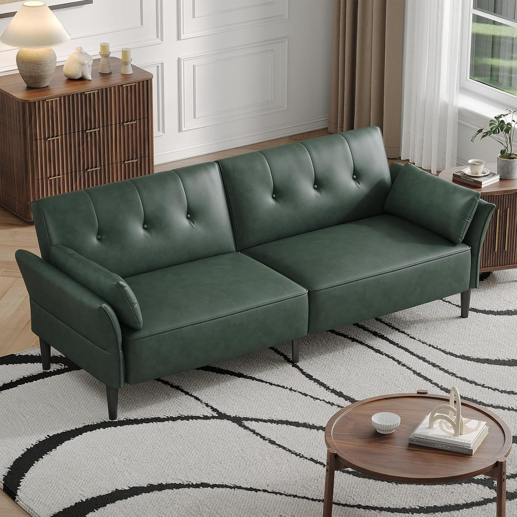 COPIAE 89' Futon Sofa Bed,Futon Couch Bed with 2 Square Pillows,Convertible Sleeper Sofa with Adjustable Backrest& Armrests, Modern Loveseat Sleeper for Living Room, Bedroom,Faux Leather Green