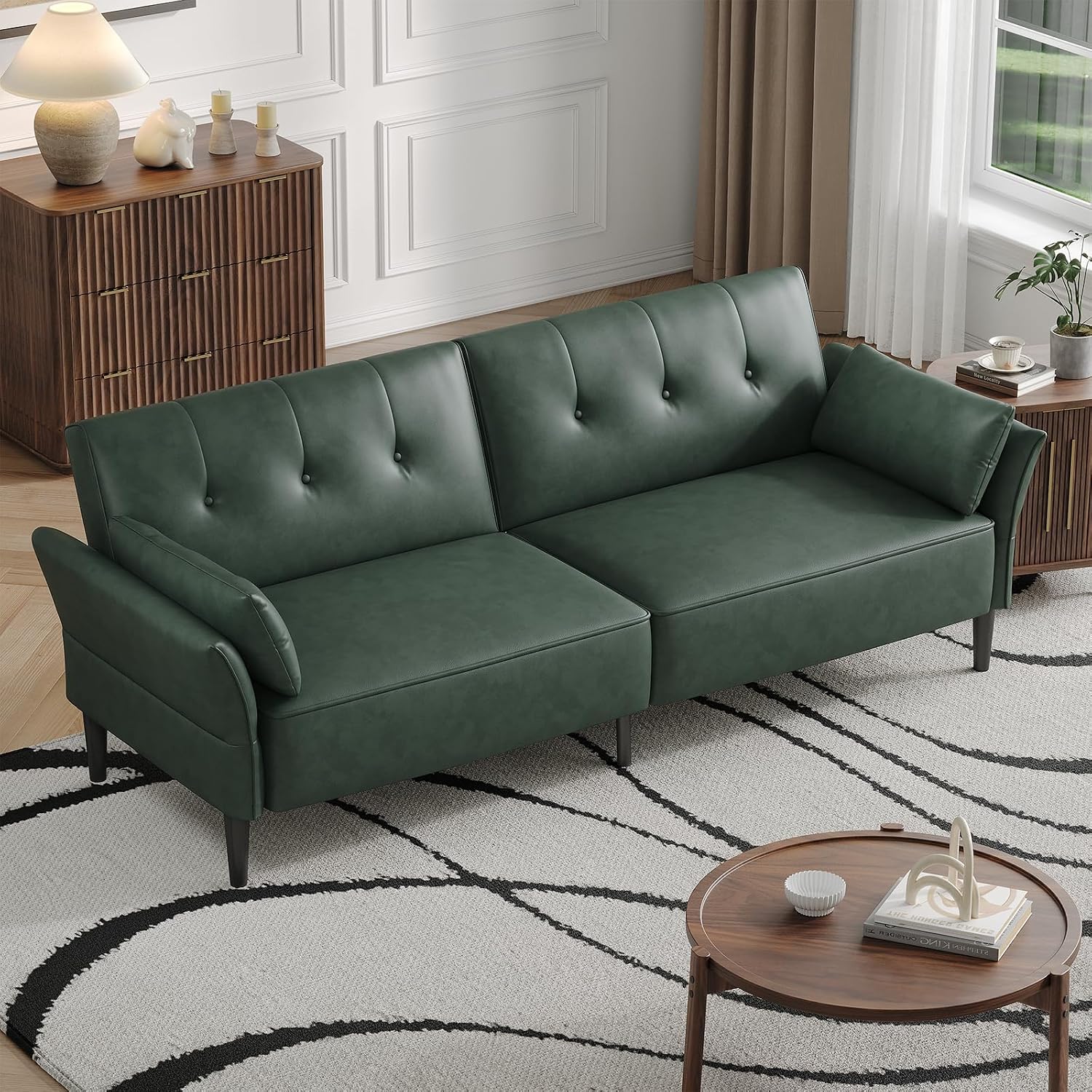 COPIAE 89' Futon Sofa Bed,Futon Couch Bed with 2 Square Pillows,Convertible Sleeper Sofa with Adjustable Backrest& Armrests, Modern Loveseat Sleeper for Living Room, Bedroom,Faux Leather Green