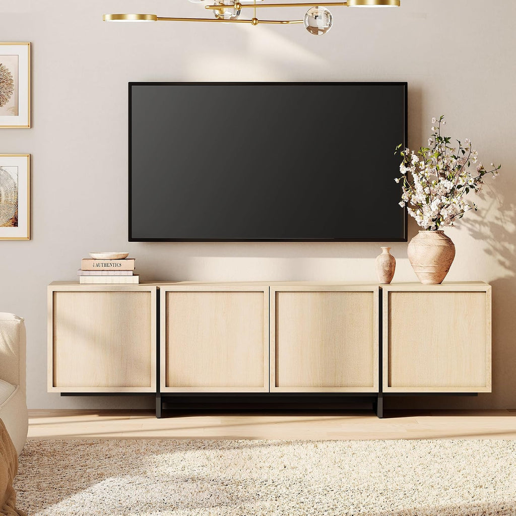 WAMPAT Modern TV Stand for 32-75 inch TVs, Wood Entertainment Center with Storage Cabinets, Media TV Console Table for Living Room, Oak Light Oak