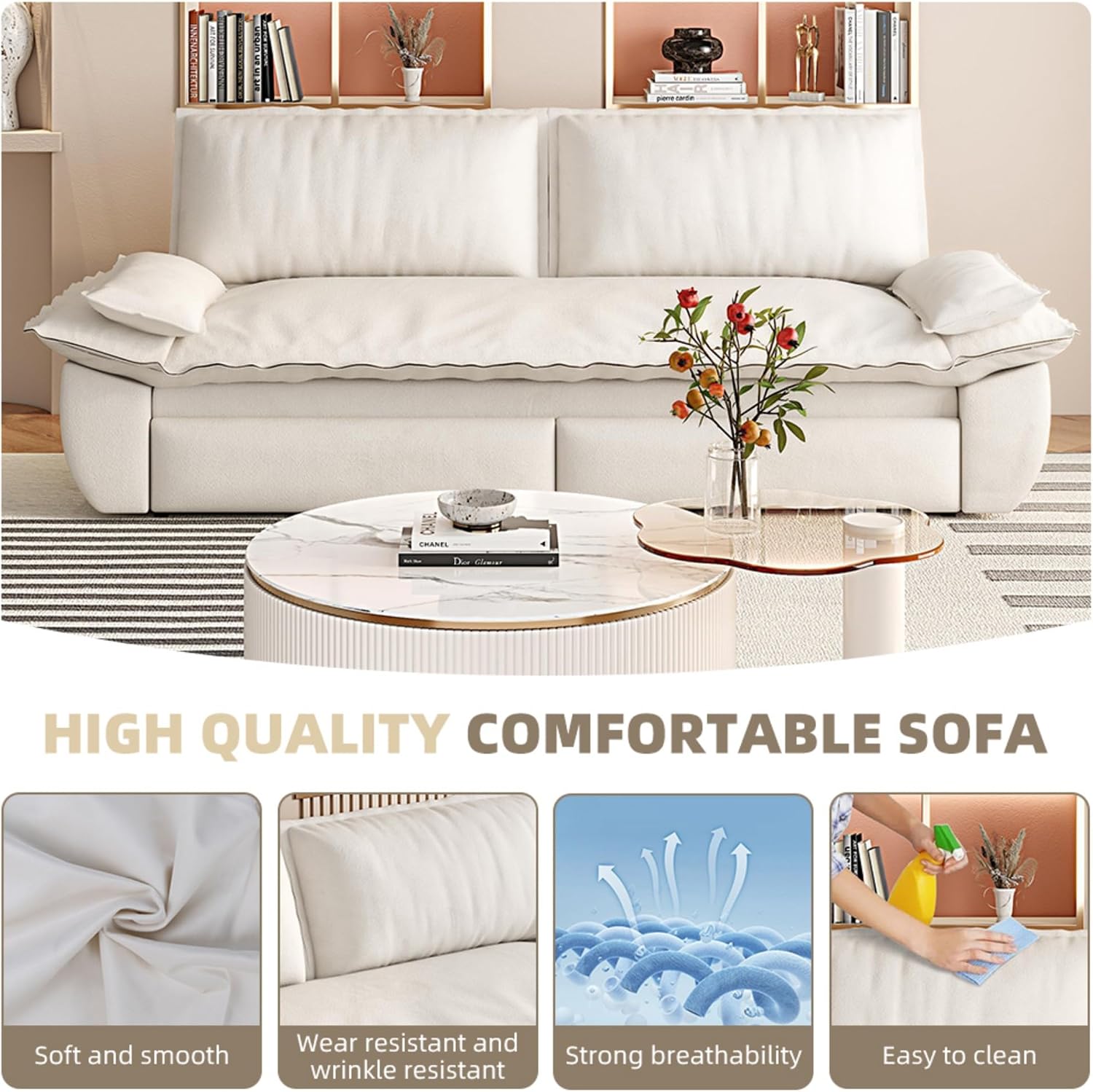 3 in 1 Convertible Queen Sleeper Sofa Bed Comfy Pull Out Futon Couch Bed 73.2' Modern Velvet Recliner Loveseat Sofa Multi-Functional Beige Cloud Couch for Living Room,Apartment,Office (Beige 73.2')