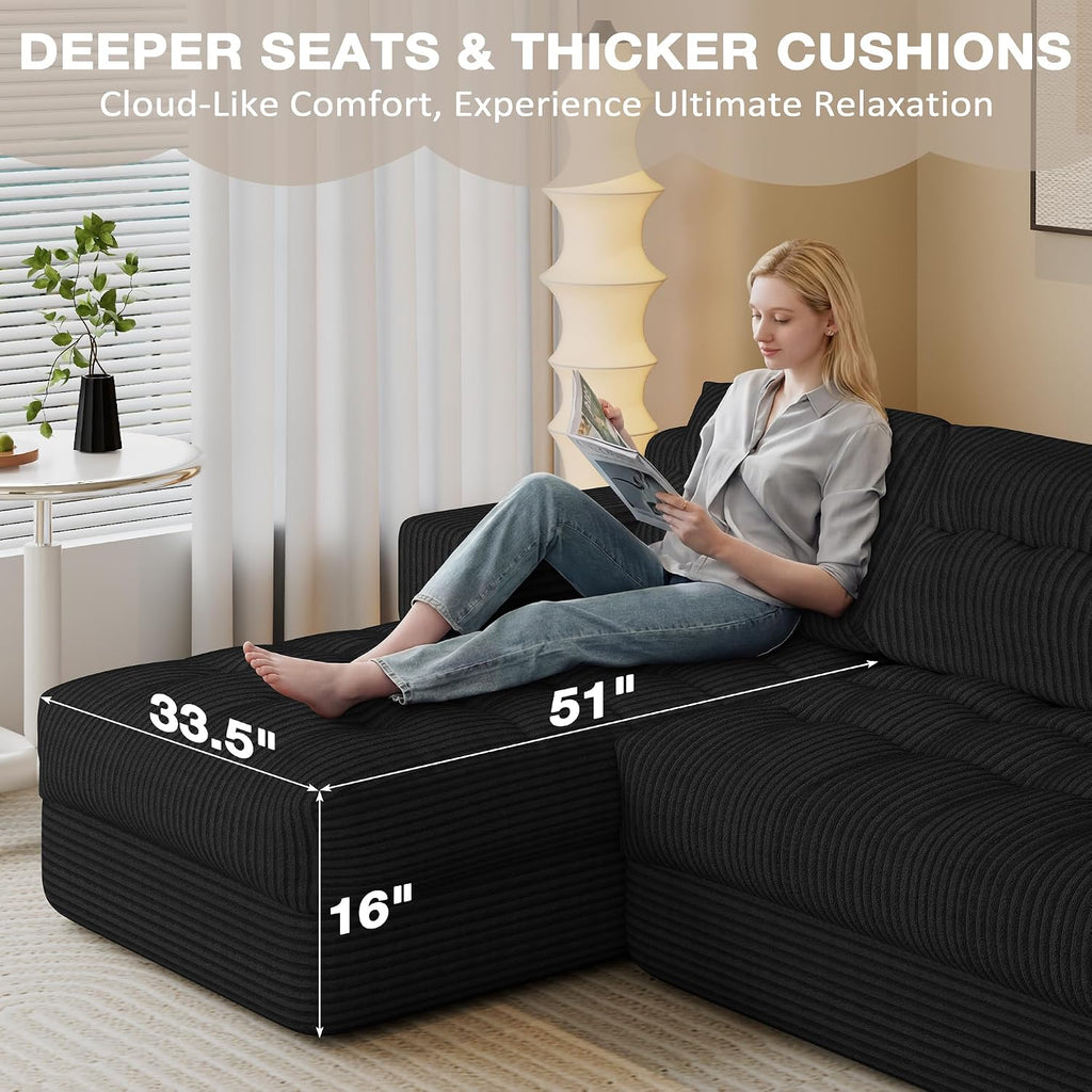 Boneless Couch, 2026 New Boneless Sectional Couch with Deep Seat & Chaise for Small Spaces, Upholstered Cloud Couch Sectional Boneless Couches for Living Room, No Assembly, Left Facing Chaise, Black