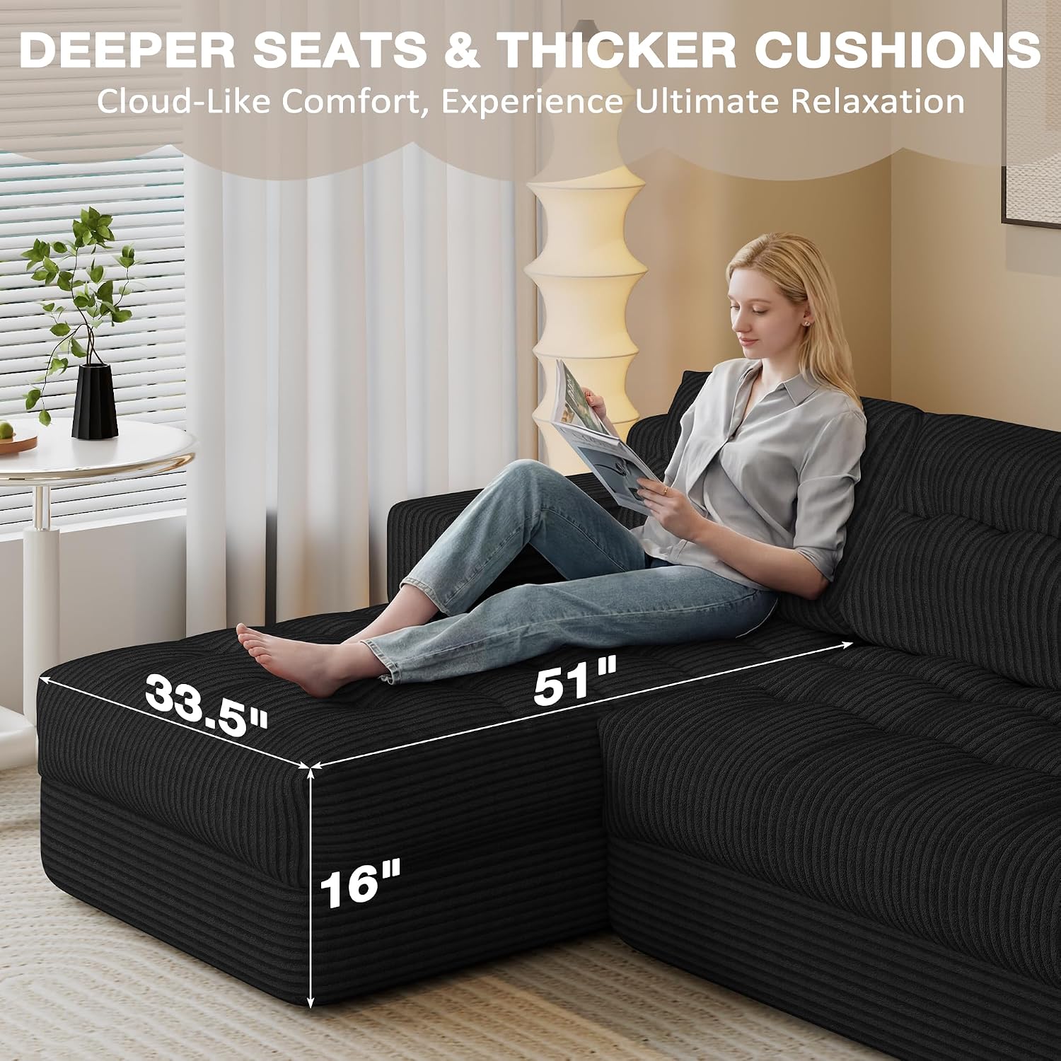 Boneless Couch, 2026 New Boneless Sectional Couch with Deep Seat & Chaise for Small Spaces, Upholstered Cloud Couch Sectional Boneless Couches for Living Room, No Assembly, Left Facing Chaise, Black