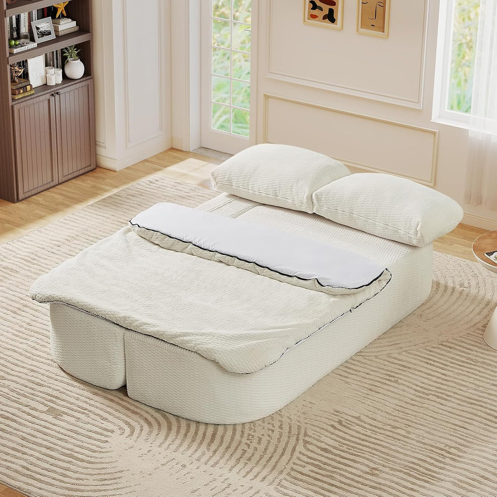 Futon Sofa Bed with Blanket, Convertible Folding Boneless Compressed Faux Fur Memory Foam Floor Loveseat Sleeper Sofa Couch Full Size Bed with Pillows for Guest Room Living Room Small Space, Beige