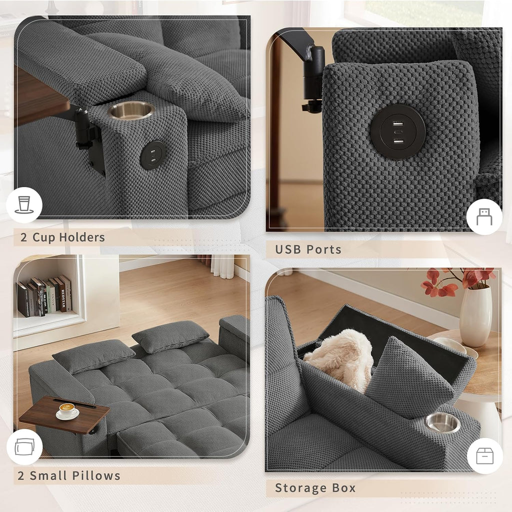 hansones 65'' 3-in-1 Folding Convertible Sofa Bed, Queen Size Pullout Sofa, Modern Chenille Fabric, 360° Swivel Side Table, Easy Assembly, Perfect for Living Room