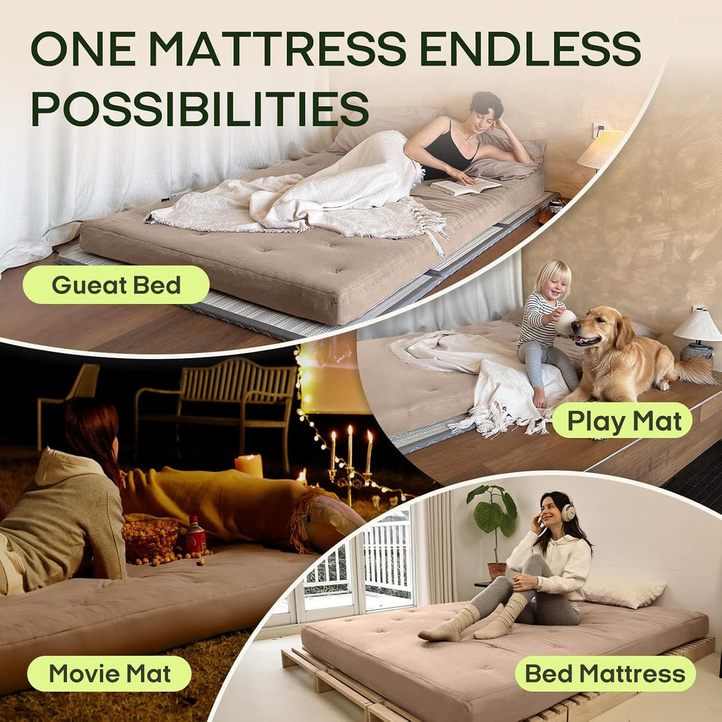 ZonLi Japanese Floor Futon Mattress Full Size 54'x 75',100% Cotton Cover 6'' Thicken Tatami Mattress,Foldable Sleeping Pad,Portable Dormitory Tatami Mat,Roll Up Floor Lounger Bed for Adult (Khaki)