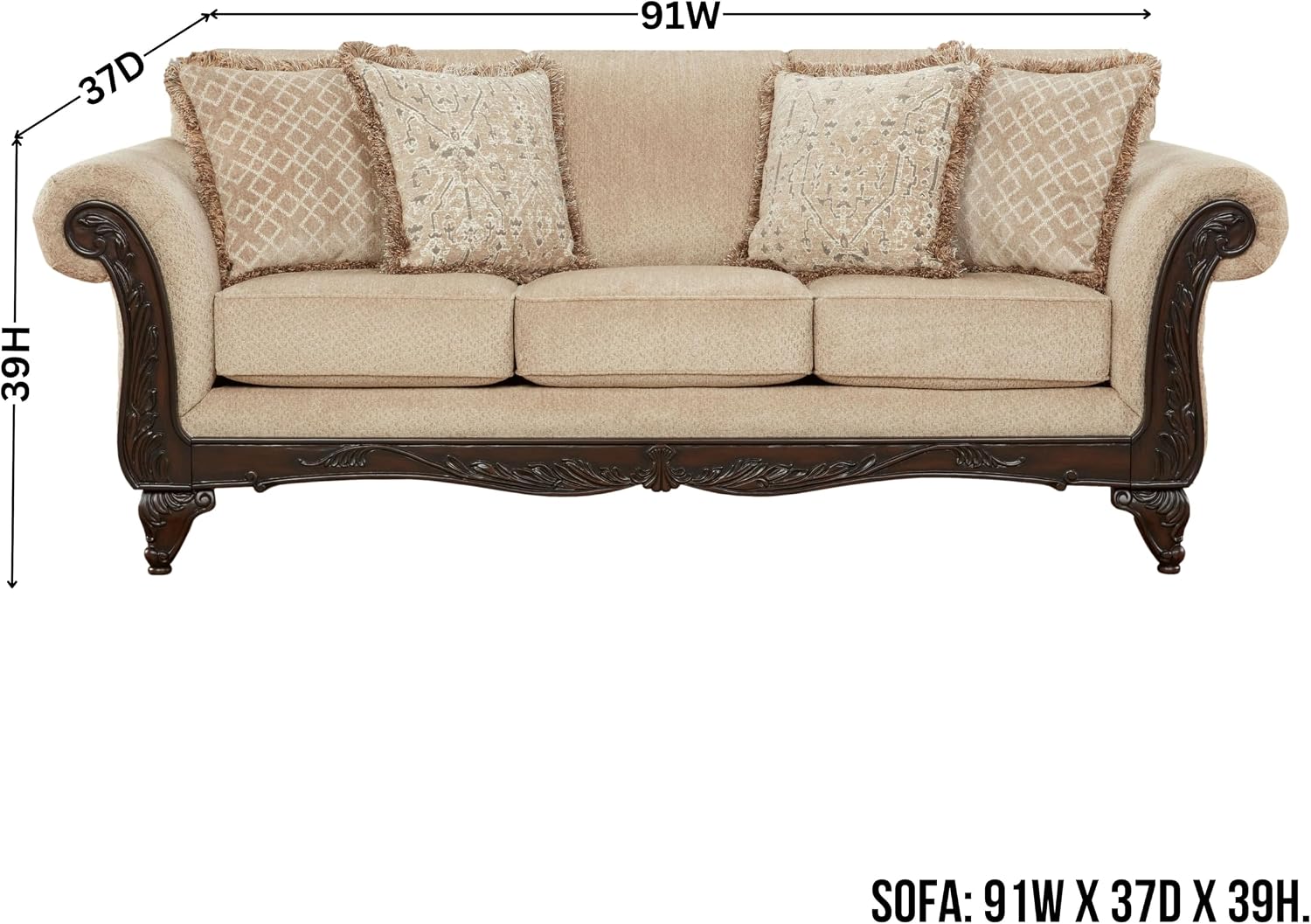 Hernen Carved Wood Frame Sofa, Beige Wheat