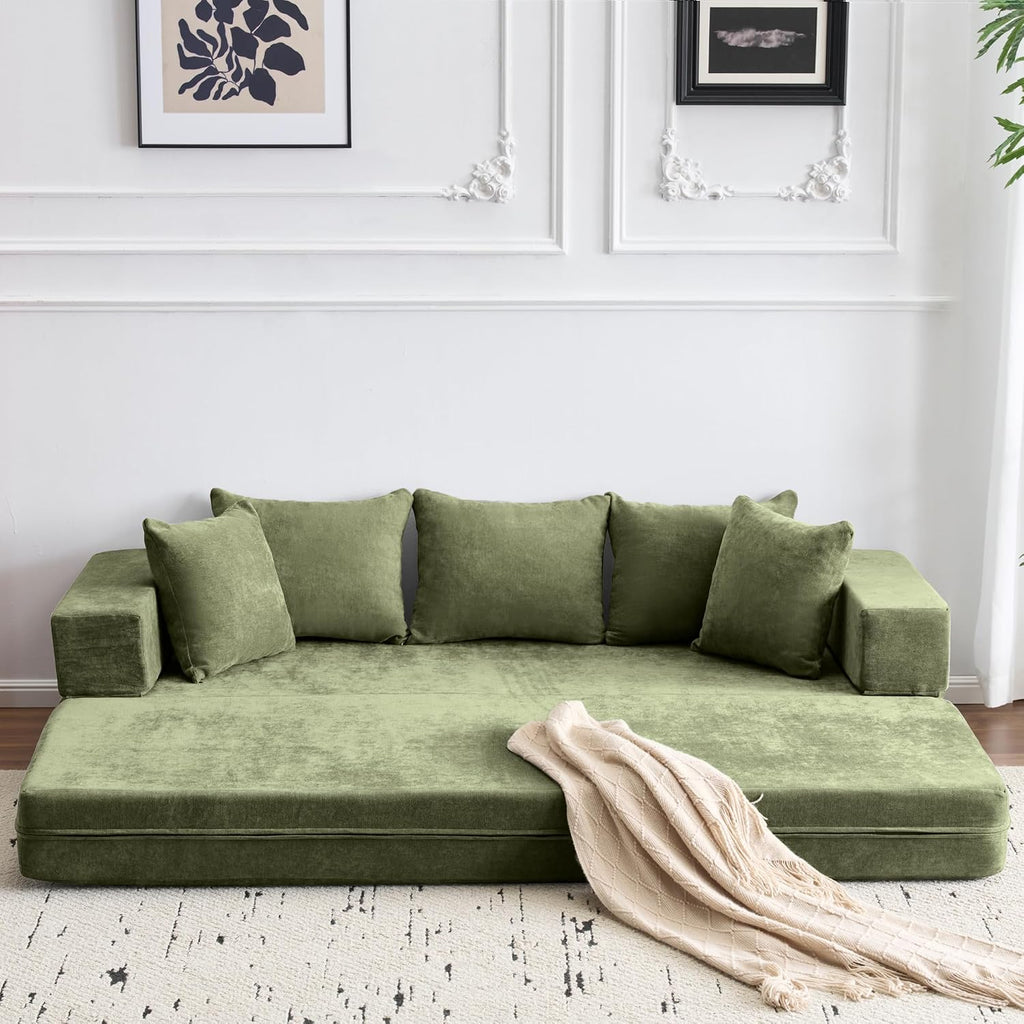 79' Convertible Folding Sofa Bed Queen, Sleeper Sofa Couch with Armrest and Pillows, Chenille Fold Out Floor Chaise Lounge, Comfy Foldable Futon Mattress For Living Room, Bedroom (Green 7.87')