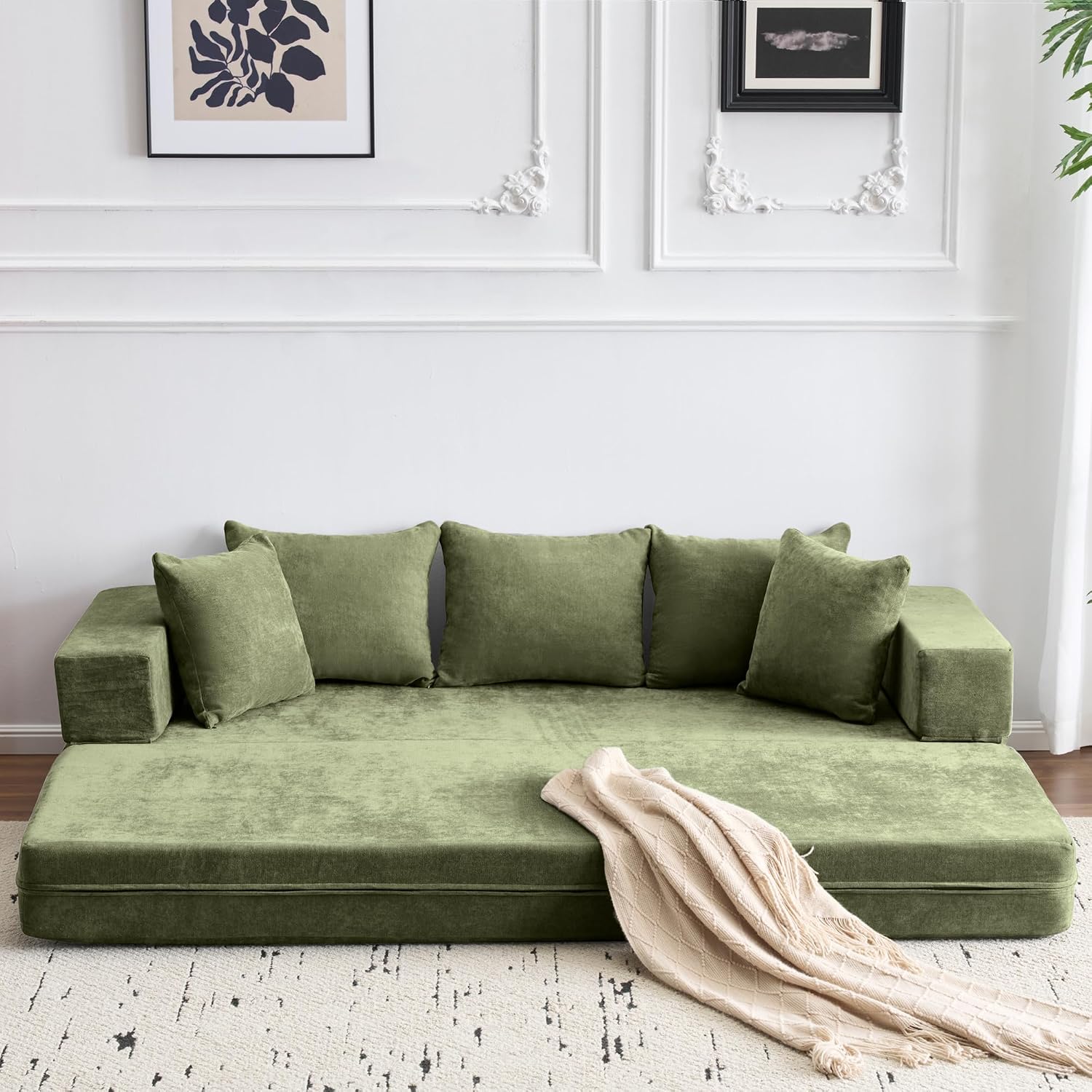 79' Convertible Folding Sofa Bed Queen, Sleeper Sofa Couch with Armrest and Pillows, Chenille Fold Out Floor Chaise Lounge, Comfy Foldable Futon Mattress For Living Room, Bedroom (Green 7.87')