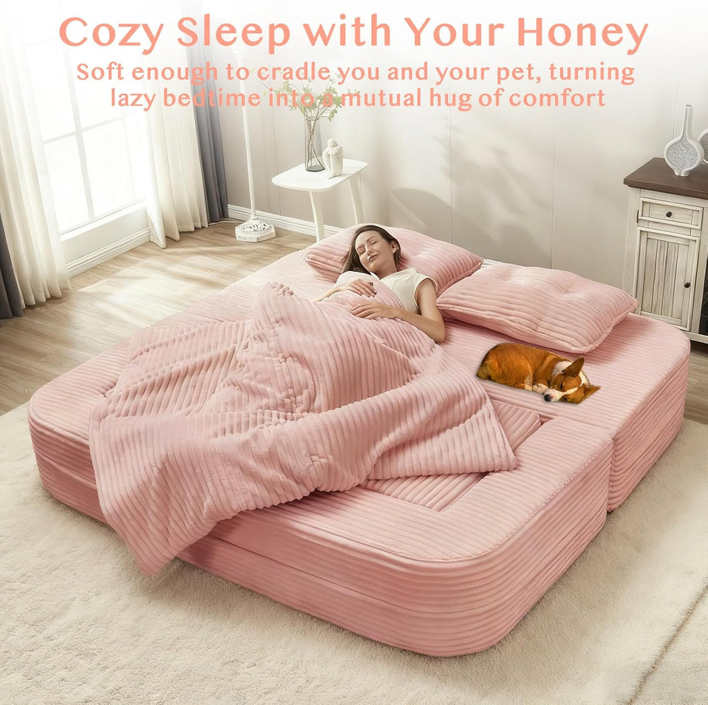 80'' Futon Sofa Bed, King Size Foldable Sleeper Sofa, Corduroy Boneless Loveseat Couch with Chaise Lounge, 3 Pillows, Blanket, Upholstered Sectional Couches for Living Room,Bedroom, Baby Pink