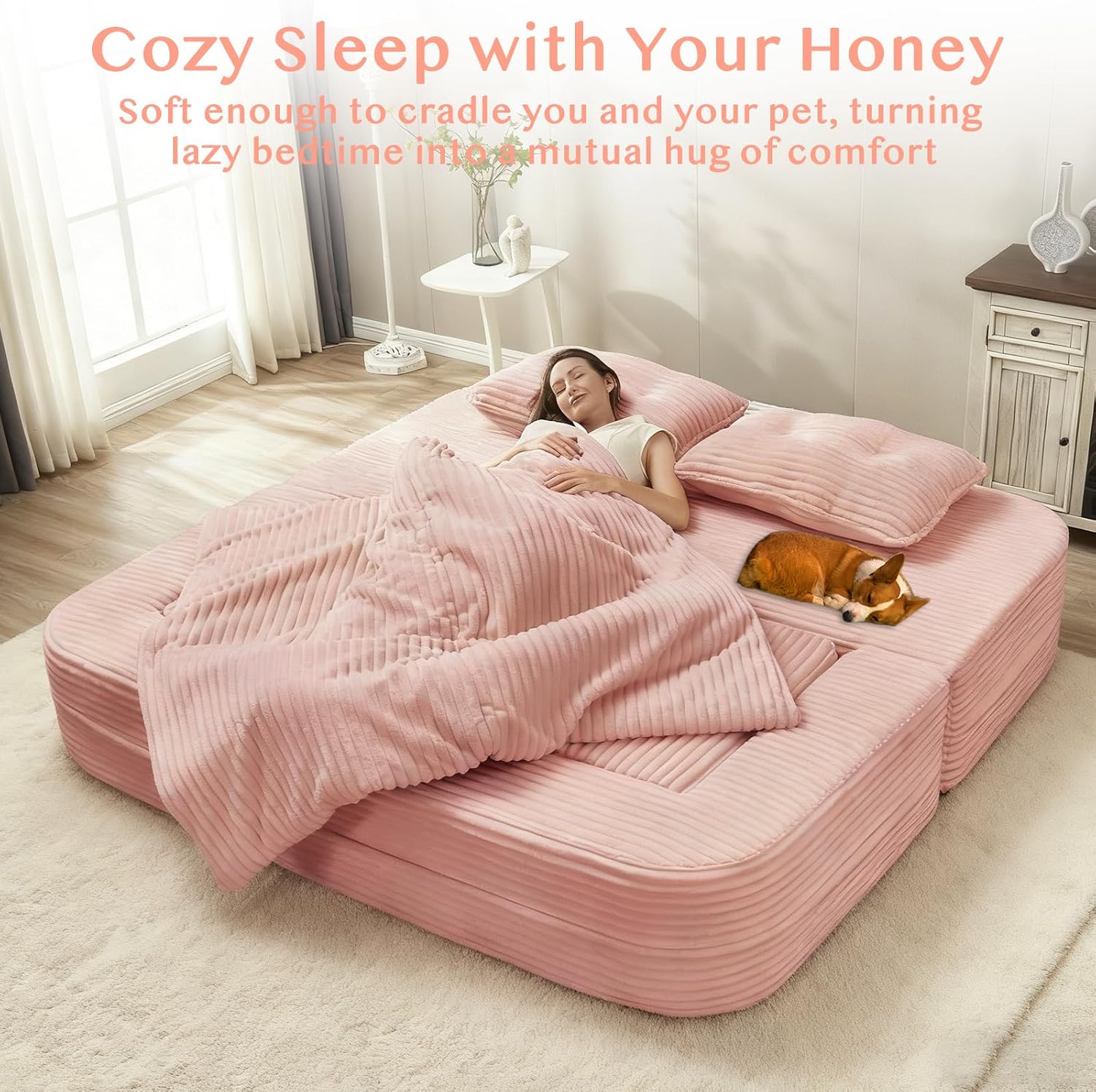 80'' Futon Sofa Bed, King Size Foldable Sleeper Sofa, Corduroy Boneless Loveseat Couch with Chaise Lounge, 3 Pillows, Blanket, Upholstered Sectional Couches for Living Room,Bedroom, Baby Pink