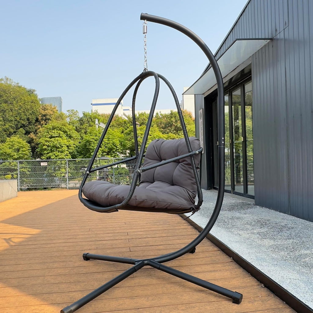 JESE Swing Egg Chair with Stand Foldable Frame Hanging Chairs for Indoor Outside,with UV Resistant Waterproof Cushion and Cup Holder,Swing Hammock Chairs for Patio,Bedroom,Balcony, Garden-350lbs BLACK