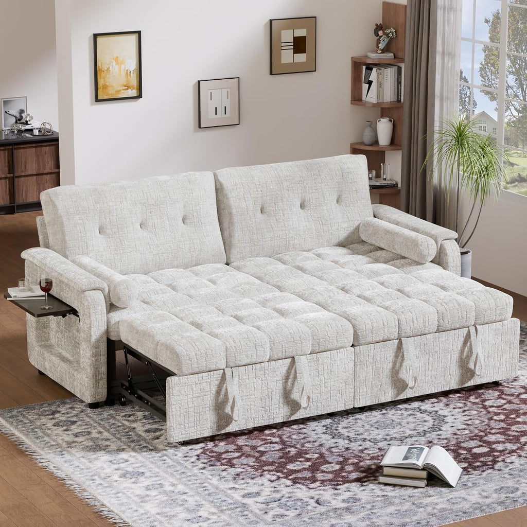 Convertible Sleeper Sofa Bed, 86 Inch Chenille Pull Out Couch with Side Table & Adjustable Backrest, Sectional Sleeper Sofa with Pull Out Bed for Living Room, Apartment, Beige