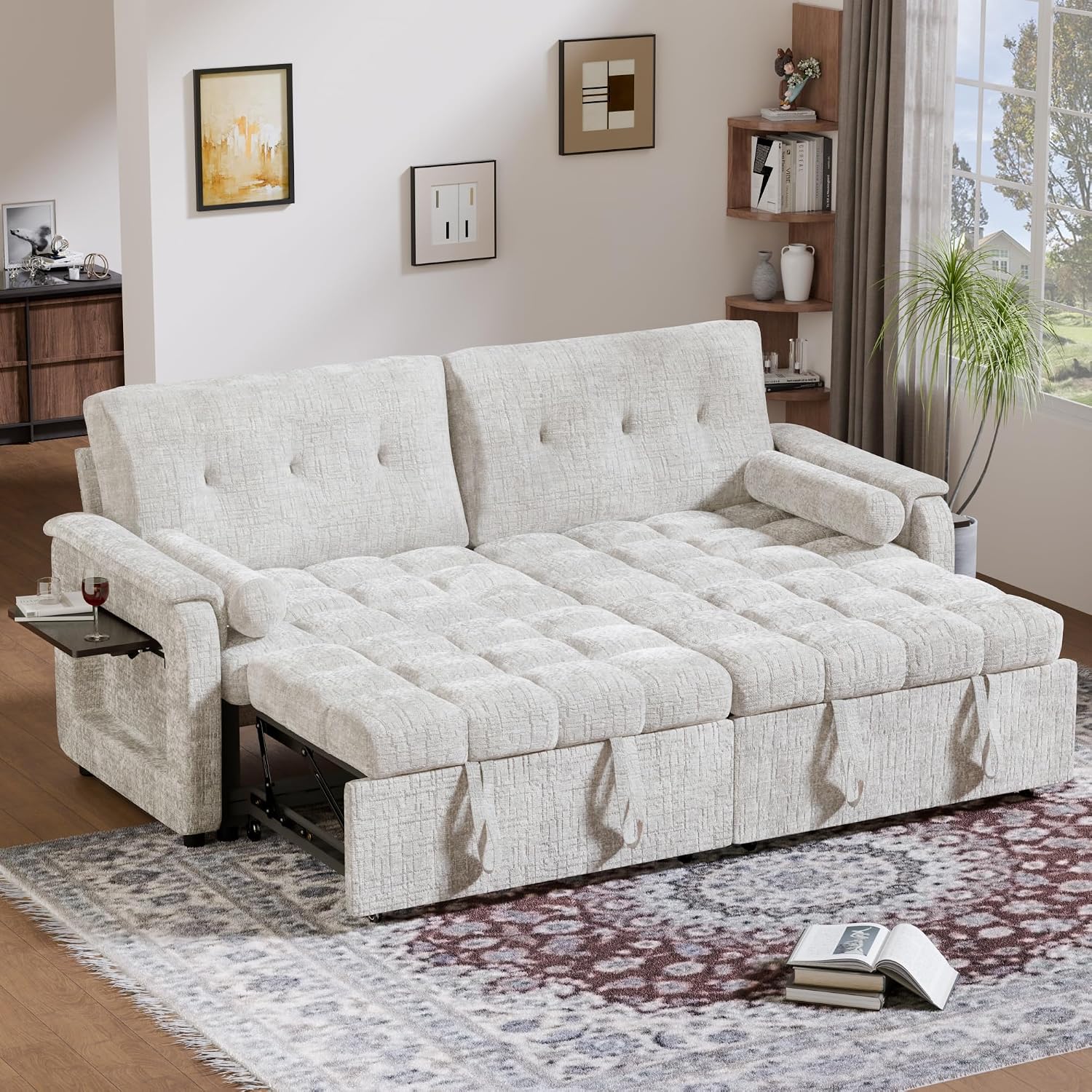 Convertible Sleeper Sofa Bed, 86 Inch Chenille Pull Out Couch with Side Table & Adjustable Backrest, Sectional Sleeper Sofa with Pull Out Bed for Living Room, Apartment, Beige