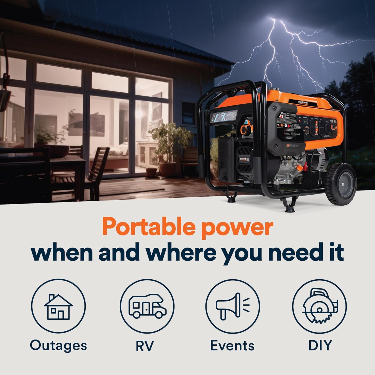 Generac Dual Fuel Portable Gas Generator, 8,250 Starting Watts, Electric Start, COsense Carbon Monoxide Detection, 11 Hour Runtime, Gas Propane, Heavy Duty Frame, Home Backup Emergency, CARB Compliant