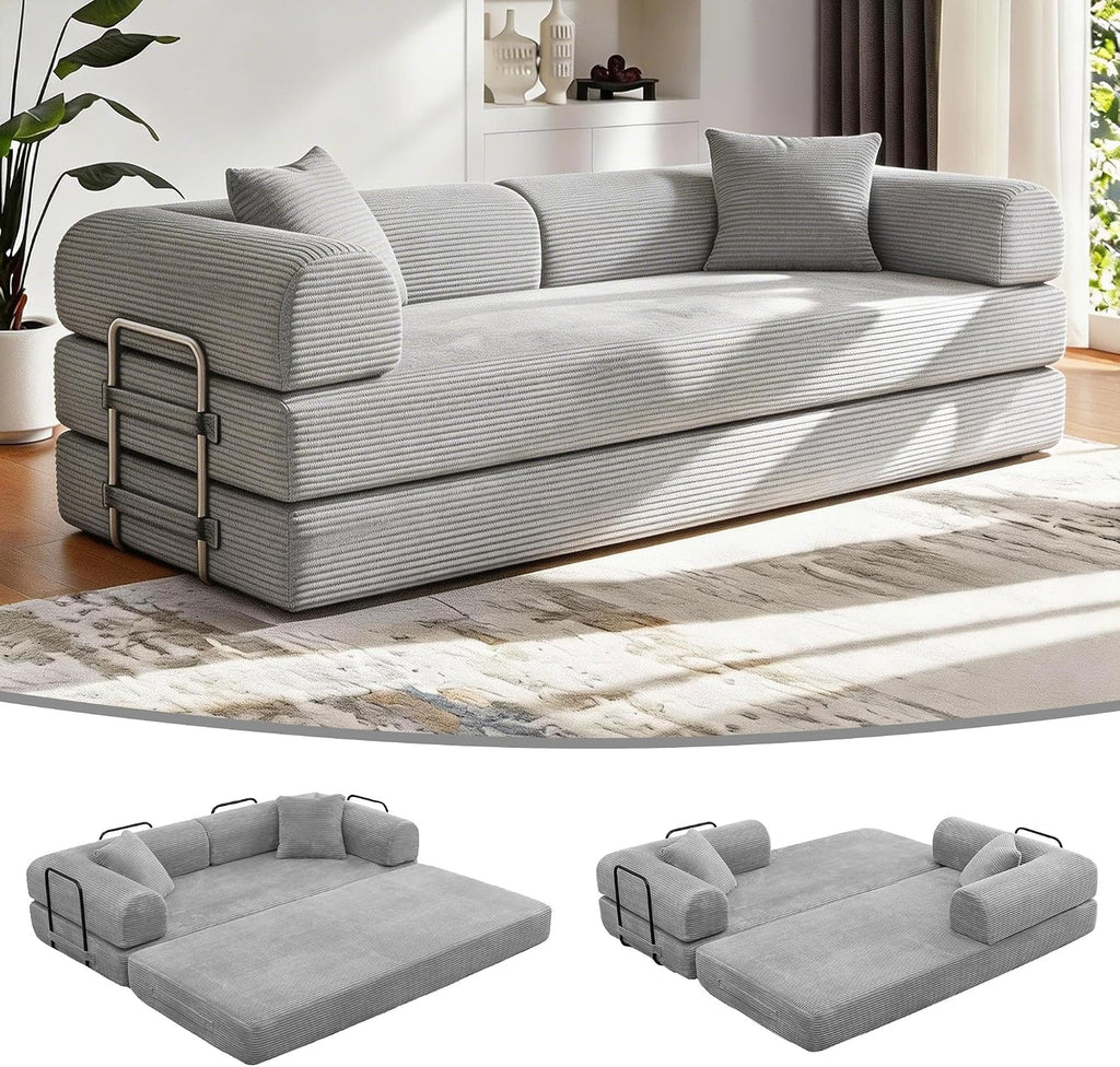 JJJ 89 inch Sofa Bed 4-in-1 Boneless Convertible Corduroy Sleeper Folding Couch with Fixed-Shape Frame and 2 Futons No Assemble Required 3 Seater Upholstered for Living Room (Light Grey, 89 inch)