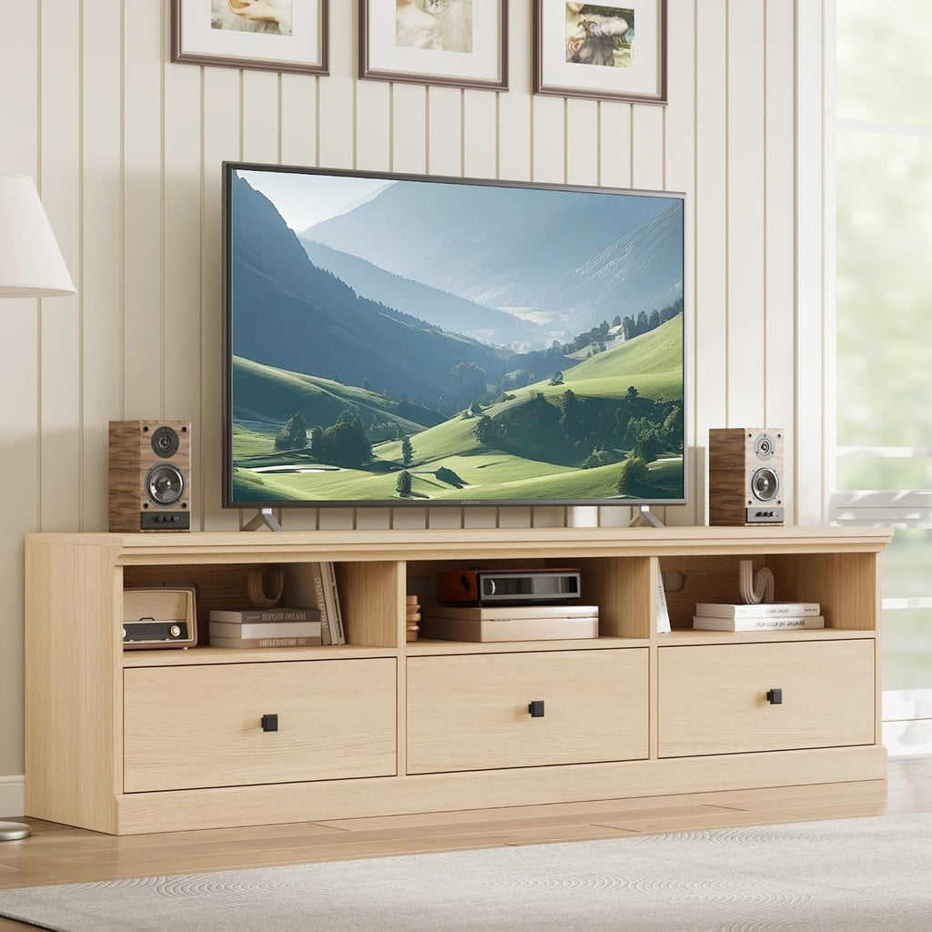 GarveeHome TV Stand for 65/70/75 in TV, Entertainment Center with Storage Drawer, Mid-Century Modern TV Console with Open Shelves, 70 in Media TV Cabinet for Living Room, Bedroom, Natural Wood