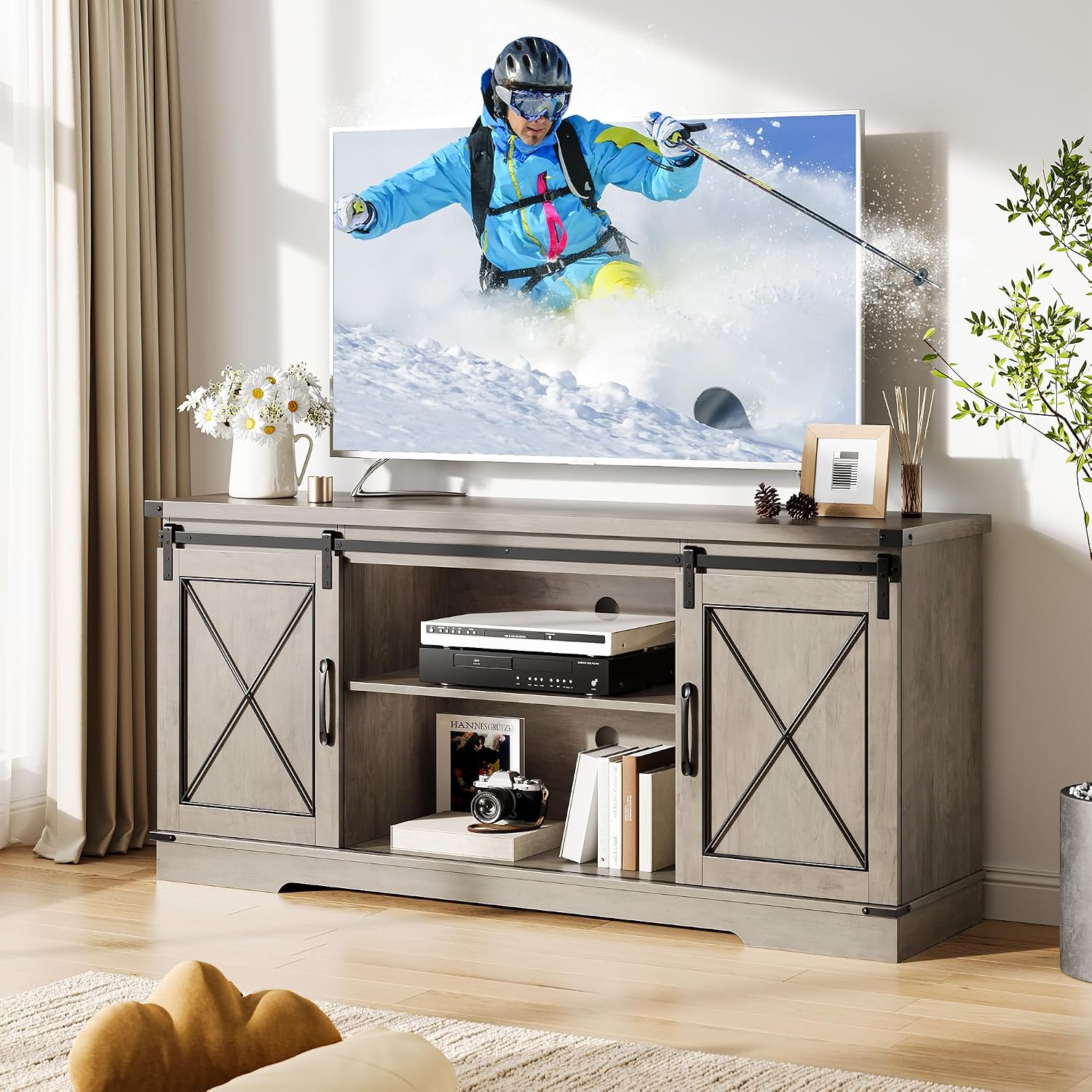 IDEALHOUSE Farmhouse TV Stand for 65 Inch TV, Entertainment Center with Sliding Barn Doors & Adjustable Shelves, Rustic Wood TV Console Table Media Cabinet for Living Room Bedroom, Grey
