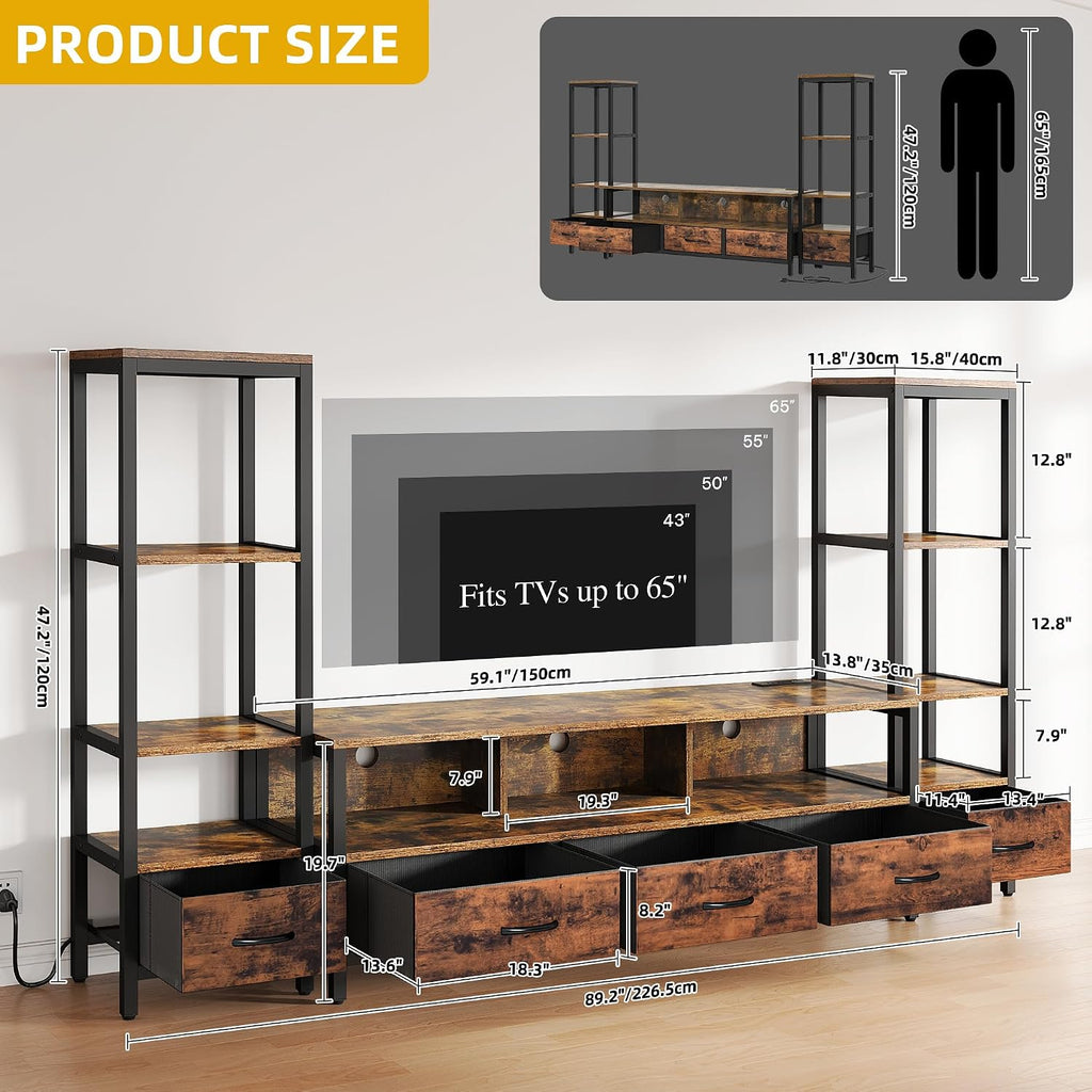 DWVO Entertainment Center with Bookshelves, LED TV Stand for 65/60 inch TV, Retro TV Stand for Living Room with 2 Industrial 4-Tier Bookshelves & Power Outlets,Rustic Brown