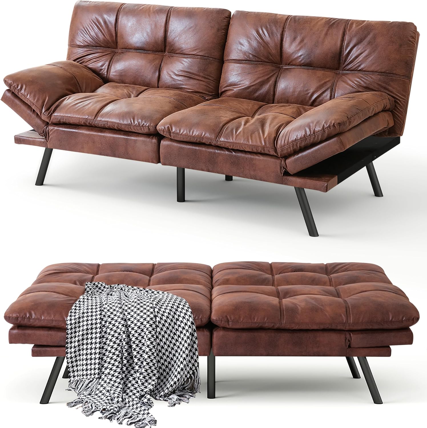 MUUEGM 71' Futon Sofa Bed, Memory Foam Convertible Faux Leather Futon Couch Bed with Adjustable Backrest & Armrest, Modern Loveseat Sleeper for Living Room and Small Apartments, Vintage Brown
