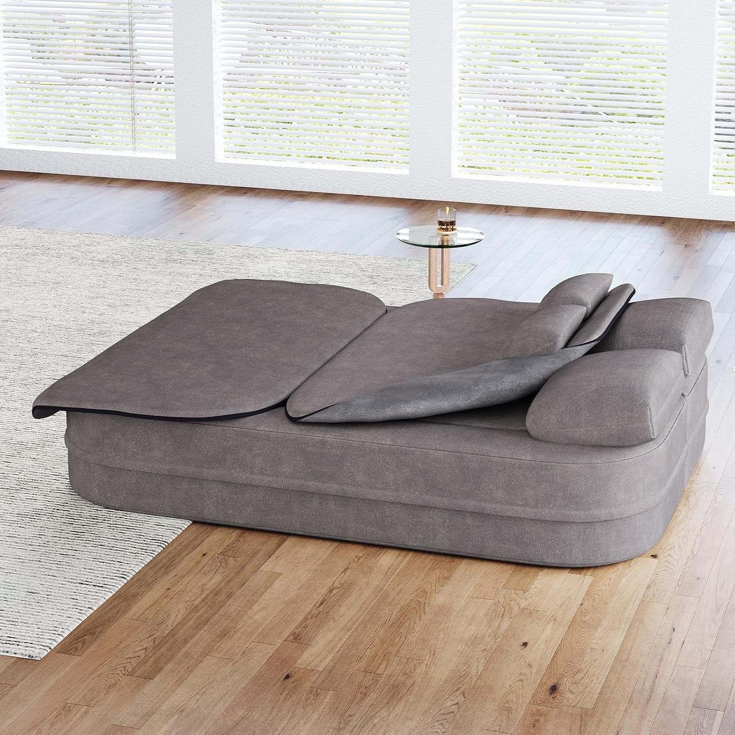 Antetek Convertible Sleeper Sofa, Modern Folding Futon Chenille Floor Foam Compression Loveseat Sofa Bed Couch, Foldable Full Size Guest Bed with 4 Pillows for Living Room Bedroom Apartment, Grey