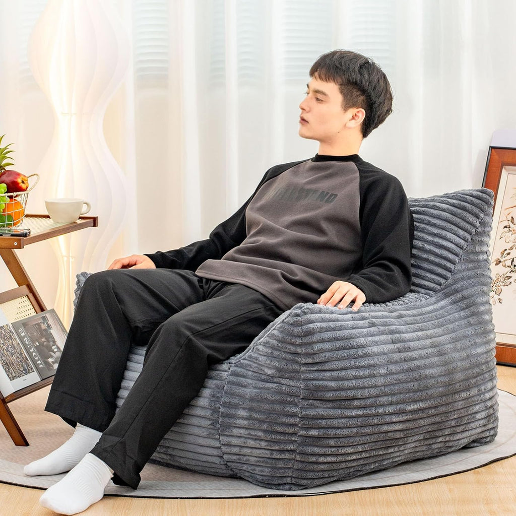 Bean Bag Chair for Adults, Comfy Corduroy Beanbag with Armrests, Lazy Sofa Floor Chair for Living Room, Bedroom, Dorm & Lounge, Cozy Fluffy Single Mini Couch (Gray)