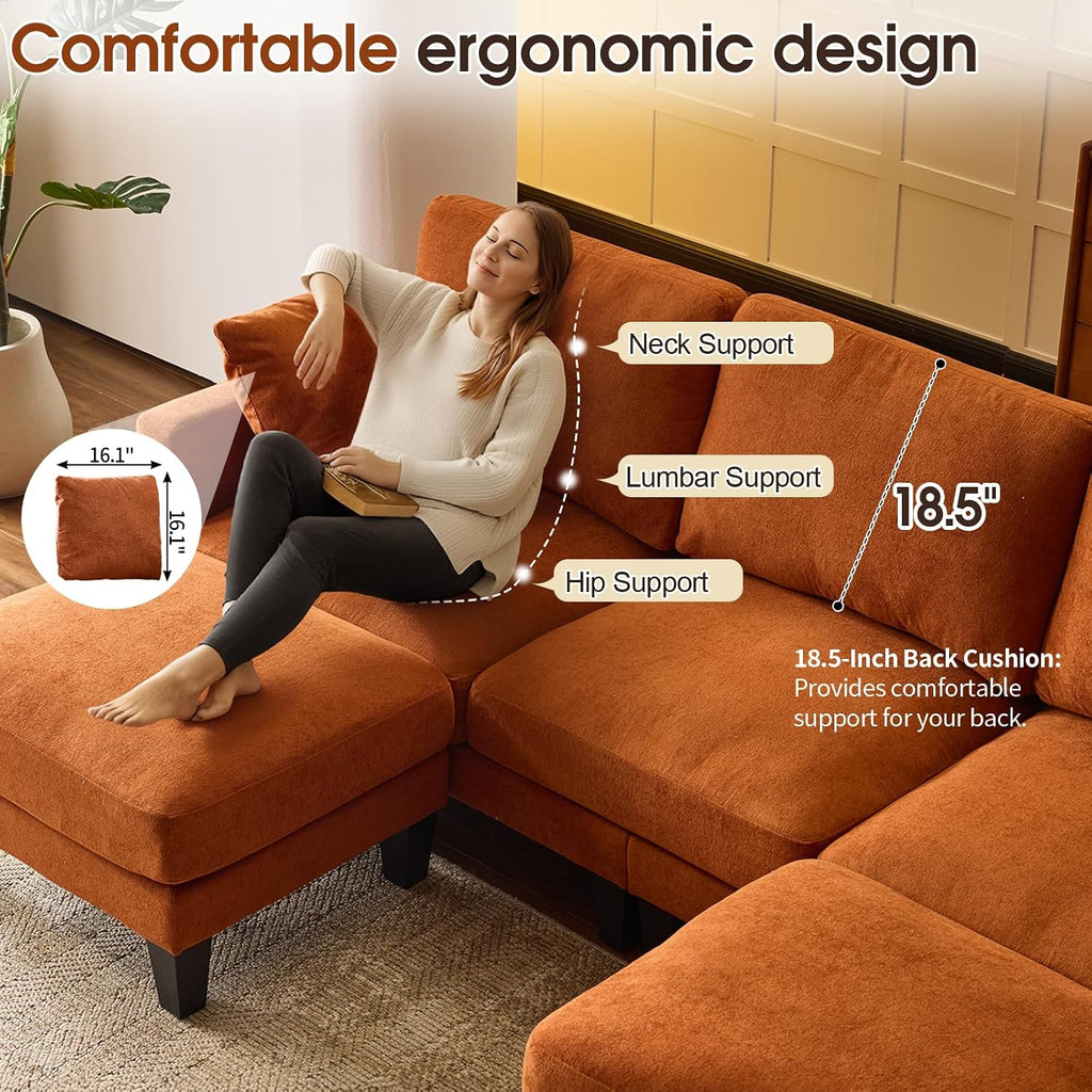 VINGLI 100' W U Shaped Couch with Ottoman, 22' Deep Seat Comfortable Sectional Couches for Living Room, 3 Seater Chenille Fabric Cloud Sofa for Apartment, Small Spaces, Bedroom, Orange