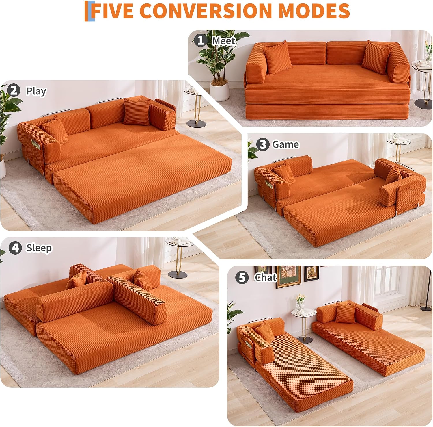Garvee 5-in-1 Convertible Sofa Bed, 78.8' Modular Corduroy Sleeper with Sturdy Frame & No Assembly, Multi-Functional Futon for Small Space, Living Room & Guest Room (Green) (Orange)