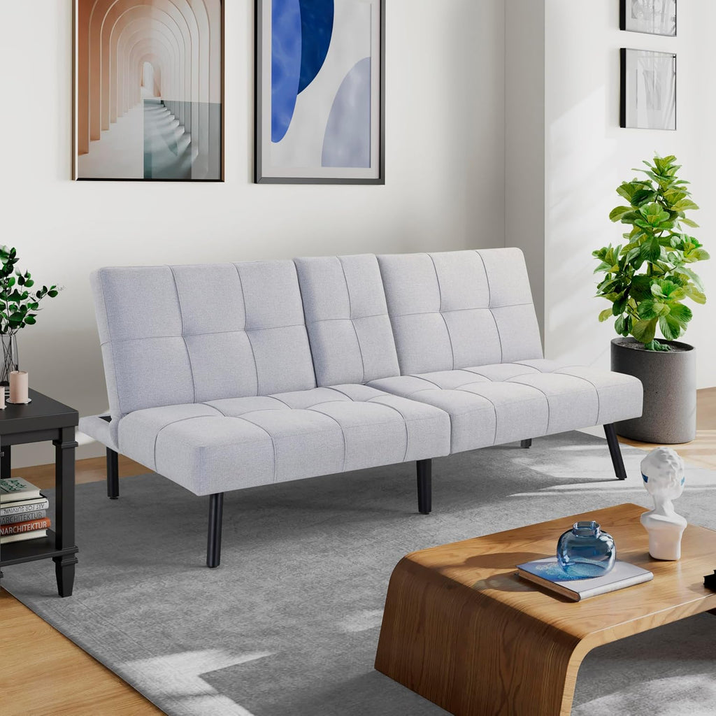 Serta Larken 65' Convertible Futon Sofa, Short Twin Size, Modern, Center Console w/Cup Holders, Dream Coil Comfort, Fingerguard Pinch Point Protection, Soft Woven Polyester Fabric, Light Gray