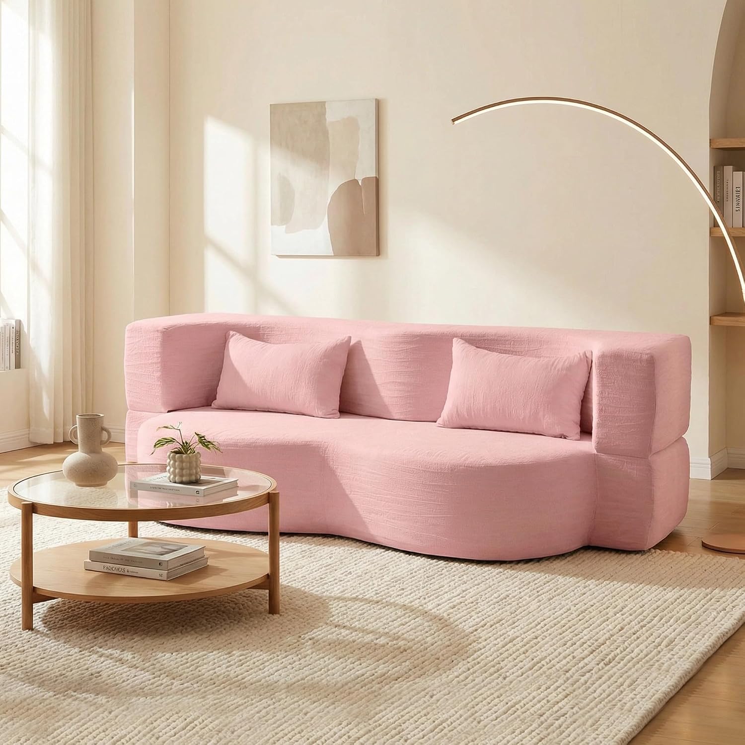 2-in-1 Convertible Sofa,78 Inch Pull Out Sofa Folding Sofa Bed with 2 Pilow Lazy Sofa, Teddy Loveseat Sleeper Floor Sofa for Apartment Children's Room Bedroom Living Room (Teddy, Pink)
