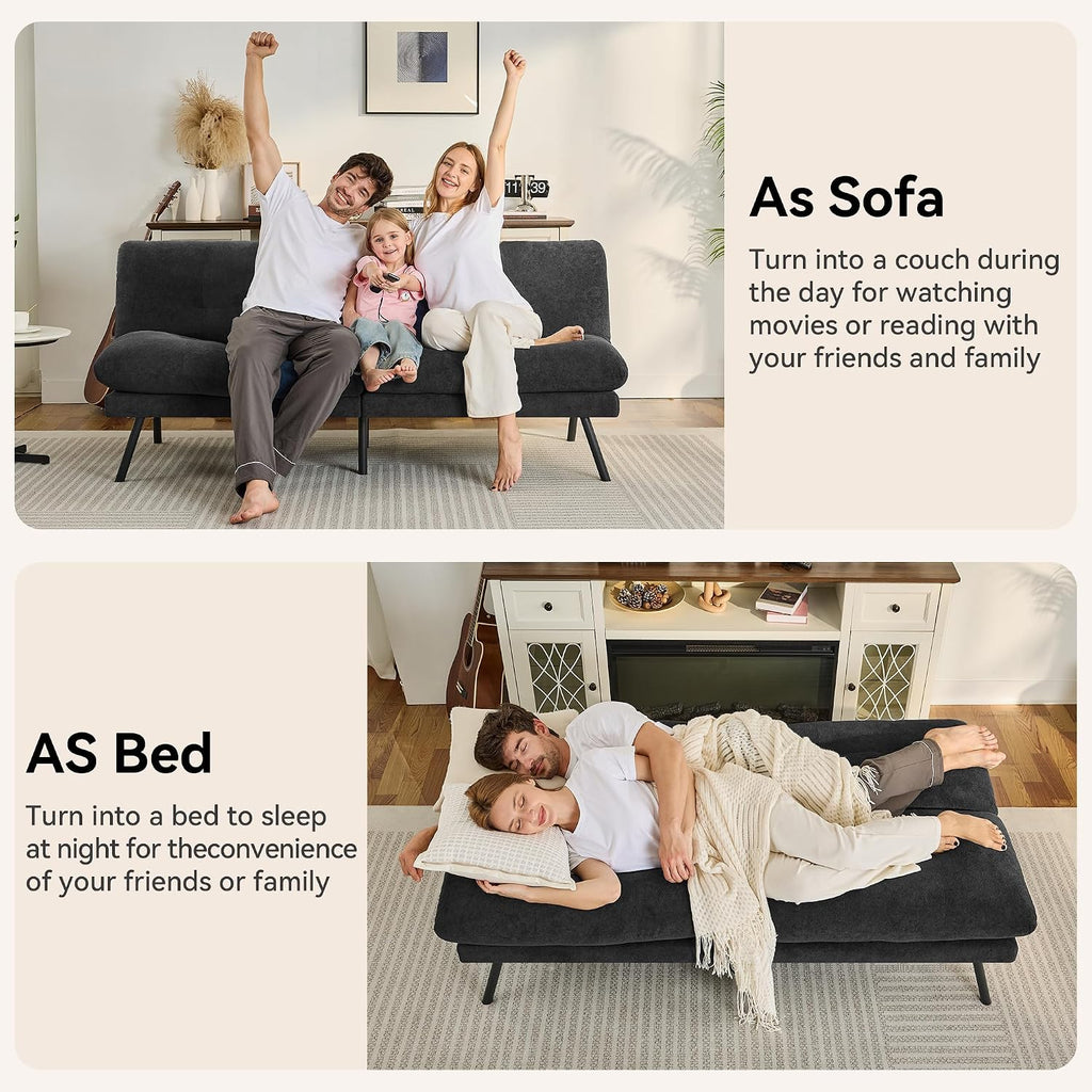 Convertible Futon Sofa Bed with Adjustable Backrest & Detachable Cushions – Plush Terry Cloth Fabric Futon Couch Bed, Morden Folding Loveseat for Living Room,Office,Apartment,Retro Black