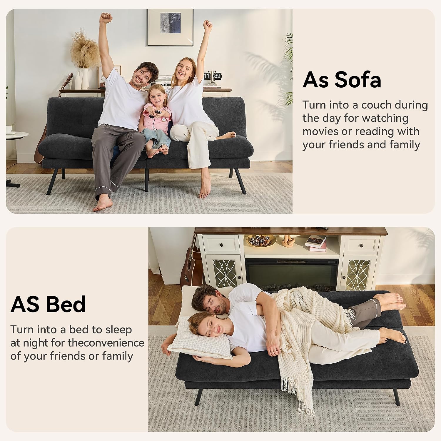 Convertible Futon Sofa Bed with Adjustable Backrest & Detachable Cushions – Plush Terry Cloth Fabric Futon Couch Bed, Morden Folding Loveseat for Living Room,Office,Apartment,Retro Black